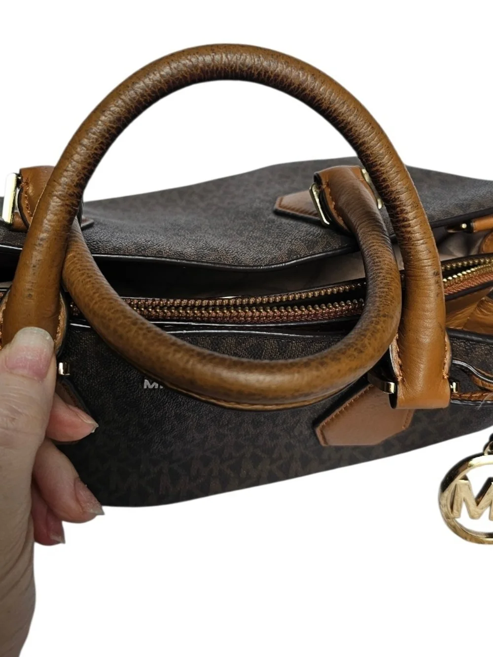 Michael Kors Brown Logo-Print Satchel with Tan Handles and Gold Hardware - Picture 7 of 8